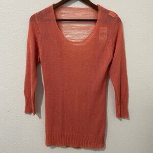 Day Trip Sweater Womens Size M Orange Light Weight Back Distressed 3/4 Sleeve